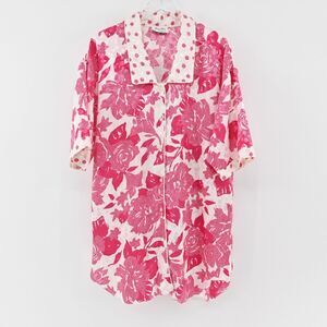 Vtg MISS DIOR Pajamas Womens Size L Pink White Floral Sleep Shirt Satin Button
